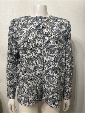 Oscar de la Renta White and Navy Paisley Print Long Sleeve Top